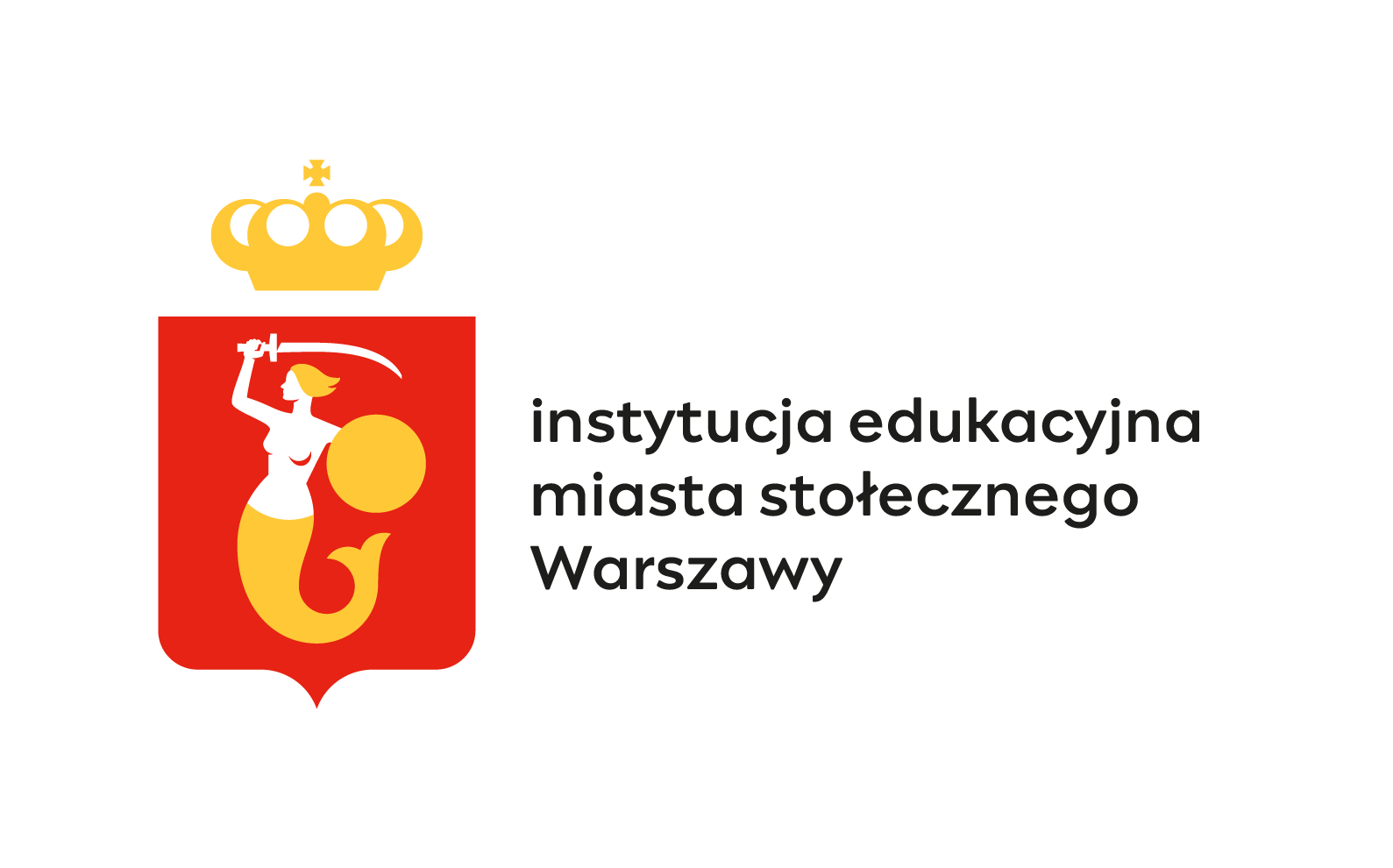 Logo Warszawy Syrena na czerwonym tle i napis: Instytucja edukacyjna miasta stołecznego Warszawy.