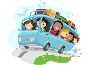 Rysunek niebieskiego autokaru z dziećmi w środku.