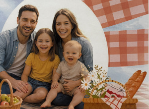 Rysunek mamy i taty obejmujących dzieci.