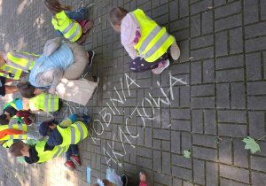 Dzieci rysują poznane na warsztatach liście na kostce brukowej w parku