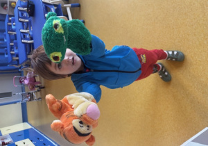 Chłopiec bawi się pacynkami.