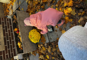 Dziewczynka kładzie kwiaty i znicz przy pomniku.
