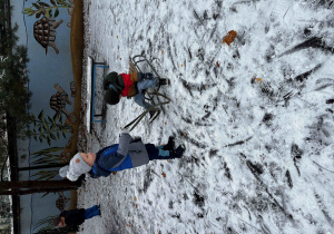 Chłopiec ciągnie saneczki.